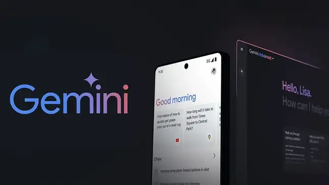 Nom et logo de Gemini avec une interface d'application sur un fond sombre.